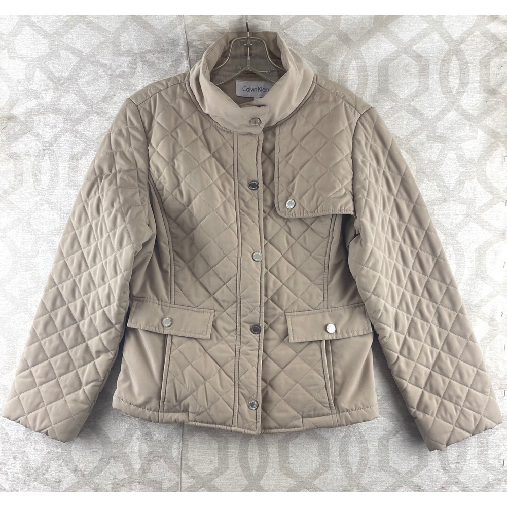 Calvin Klein Womens Tan Quilted Faux Fur Lined Snap Front Barn Jacket Small
